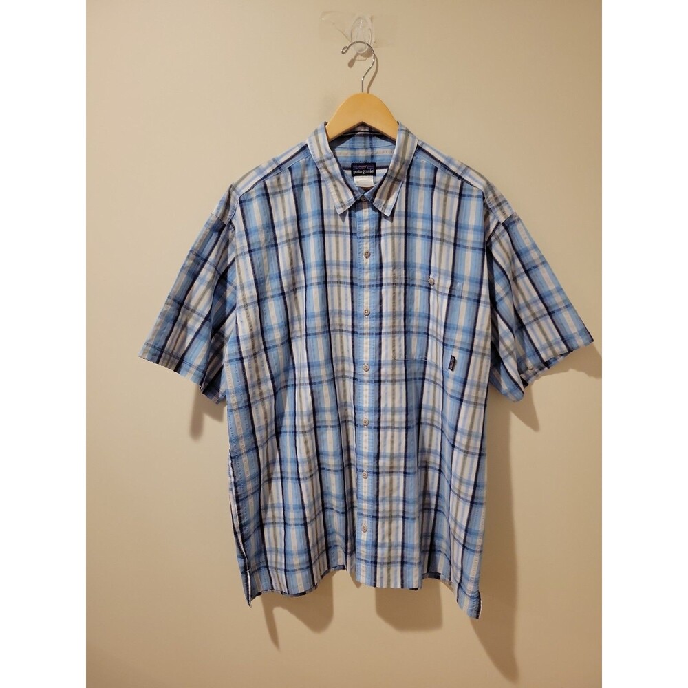 Patagonia Puckerware Shirt Men XL Blue Plaid Seersucker Short Sleeve Organic